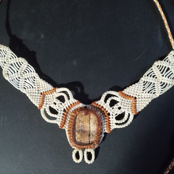 Cream Tan Macrame Jasper Necklace - Picture 4 of 5